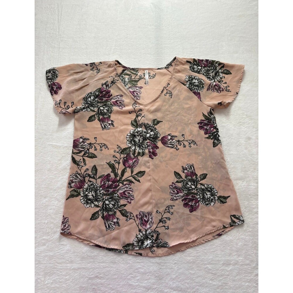 Grayson Treads Pink Floral Vneck Short Sleeve blouse size small